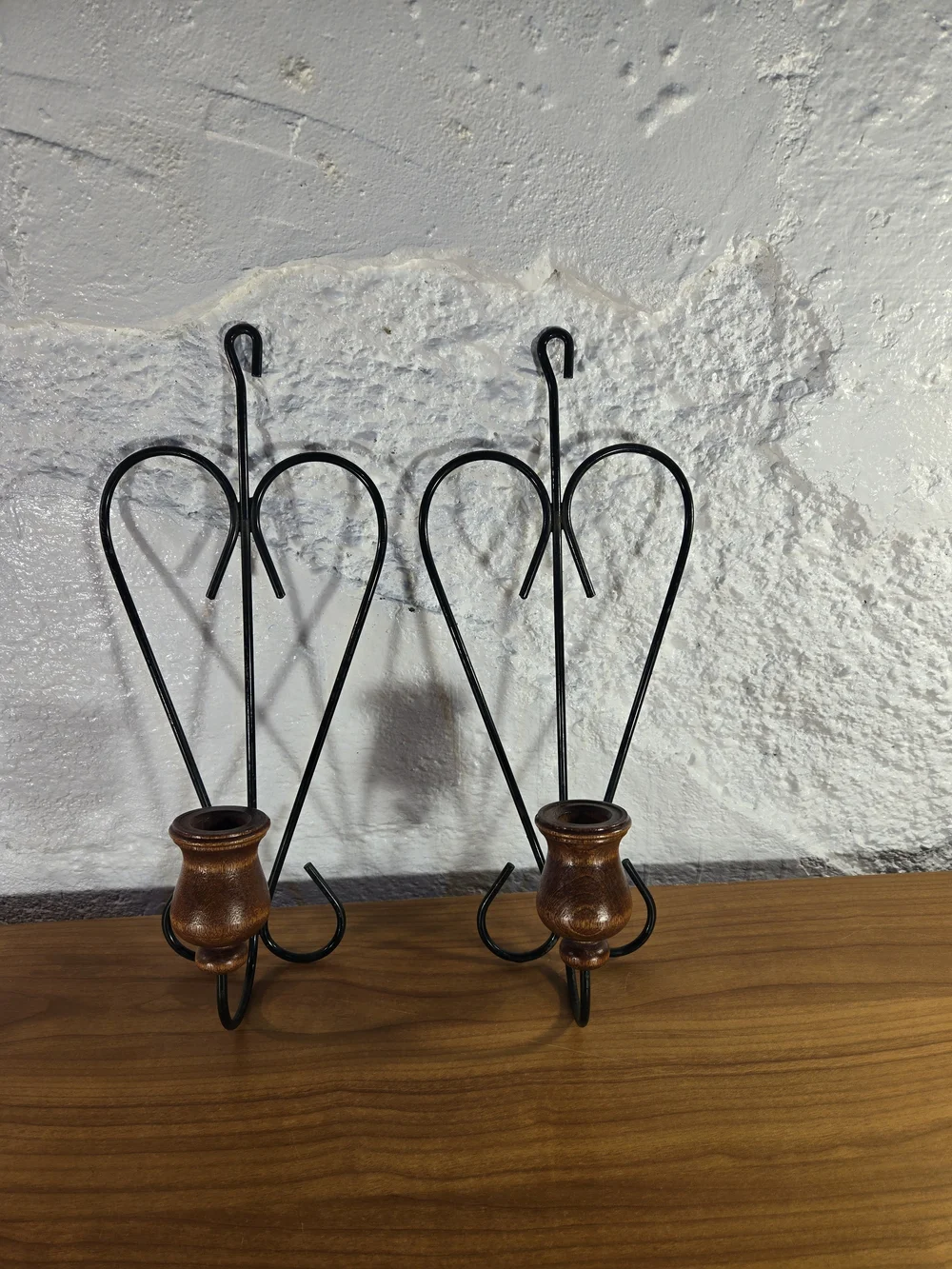 Rustic Heart Metal & Wood Wall Sconce Pair Taper Candle Holders Green